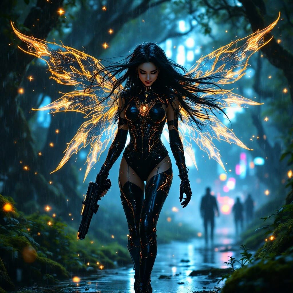 Cyberpunk Fairy in Luminous Forest