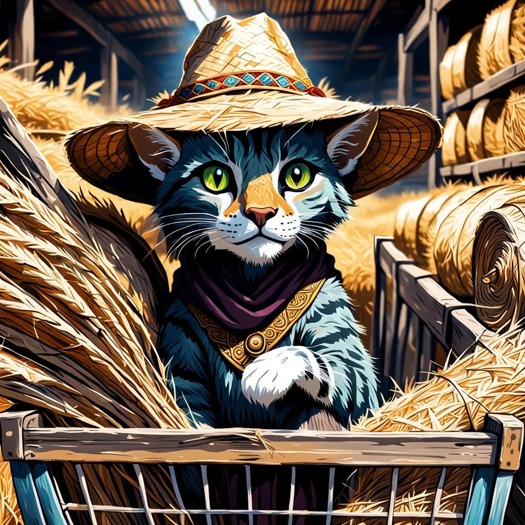 Khajiit Hiding in Hay Cart, Alebrije Style Painting