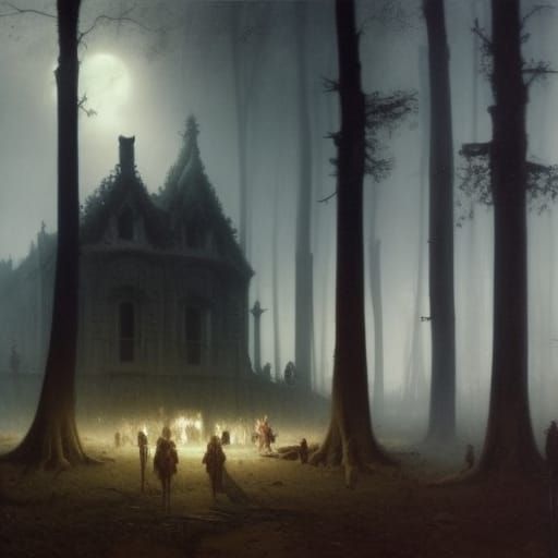 Haunted Hotel in Forest, Horror Engraving Style