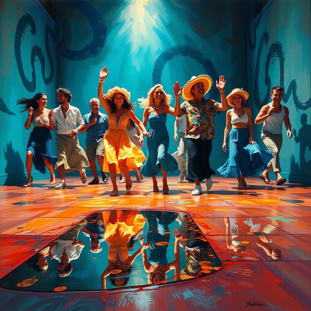 Vibrant Revelers Dancing in a Kaleidoscopic Abstraction