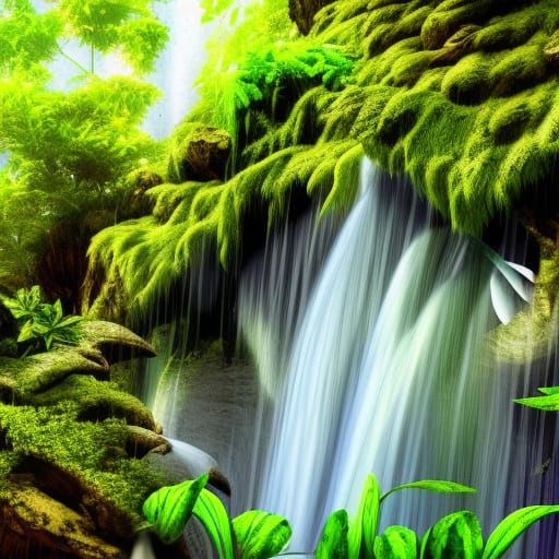 Lush Waterfall Scene with Dilapidated Bridge