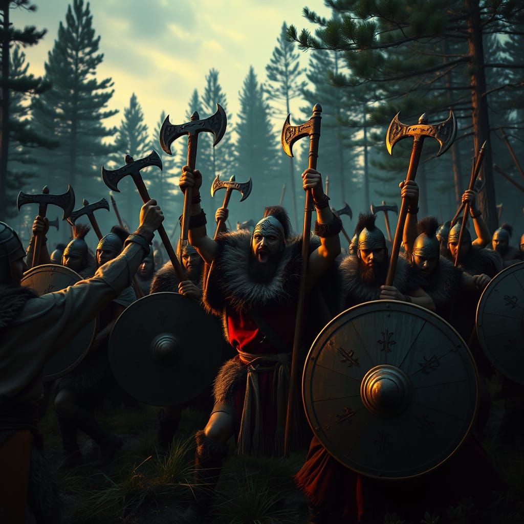 Slavic Warriors Battle in Forest at Twilight