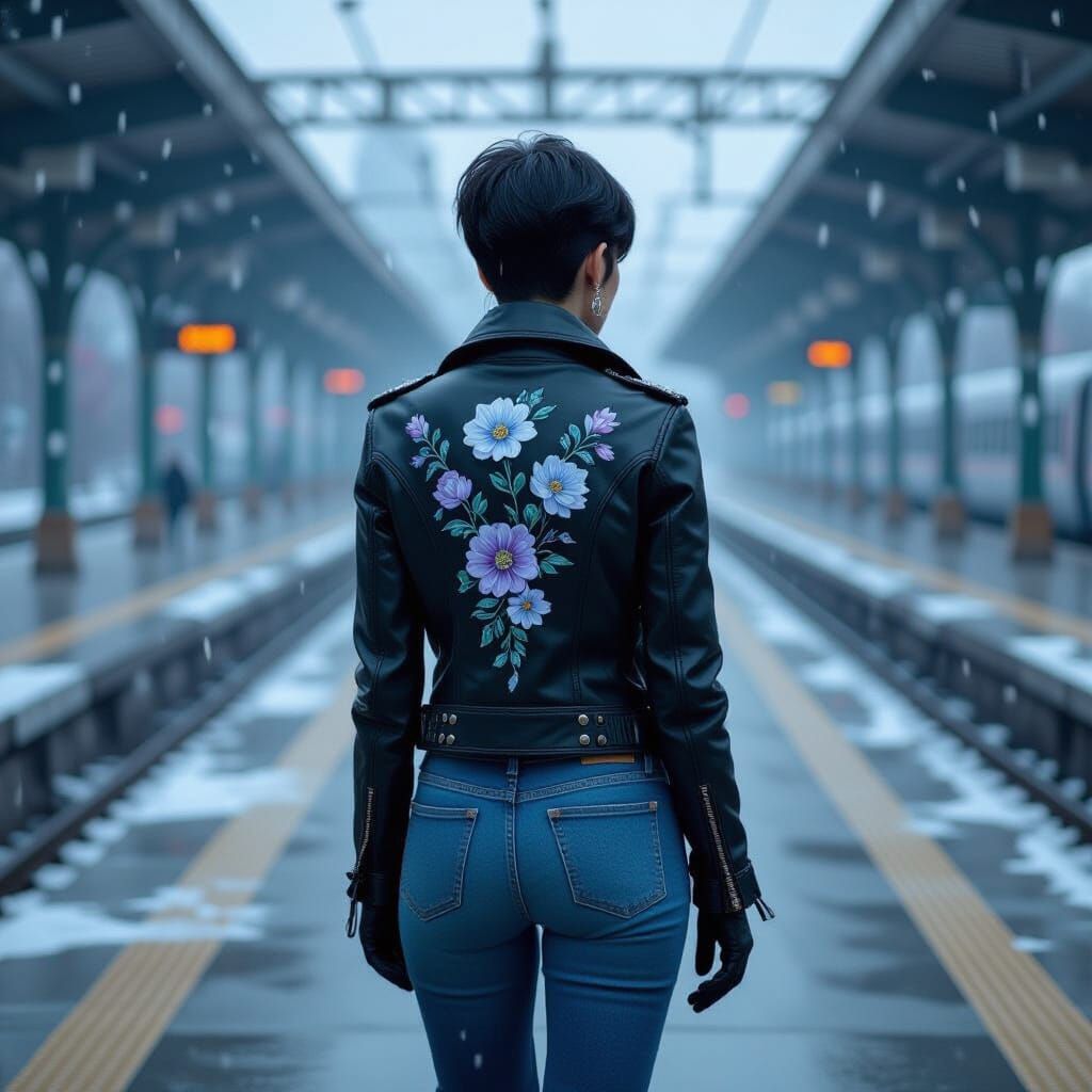 Futuristic Noir Woman on Snowy Train Platform