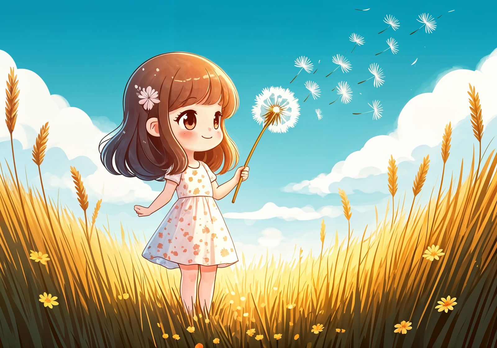 Chibi Girl Blooms with Joy in Whimsical Wind