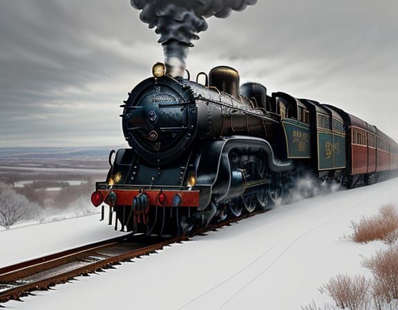 Art Deco Steam Train in Surreal Snowy Landscape