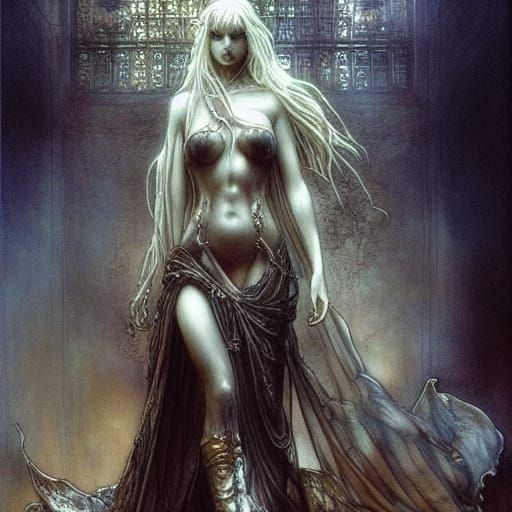 Angry Heiress Beside Stained Glass Statue