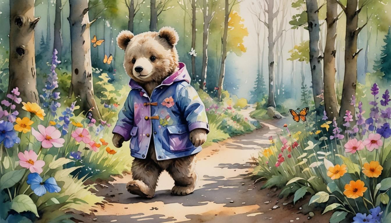 Teddy Bear's Forest Walk: Whimsical Watercolor Painting