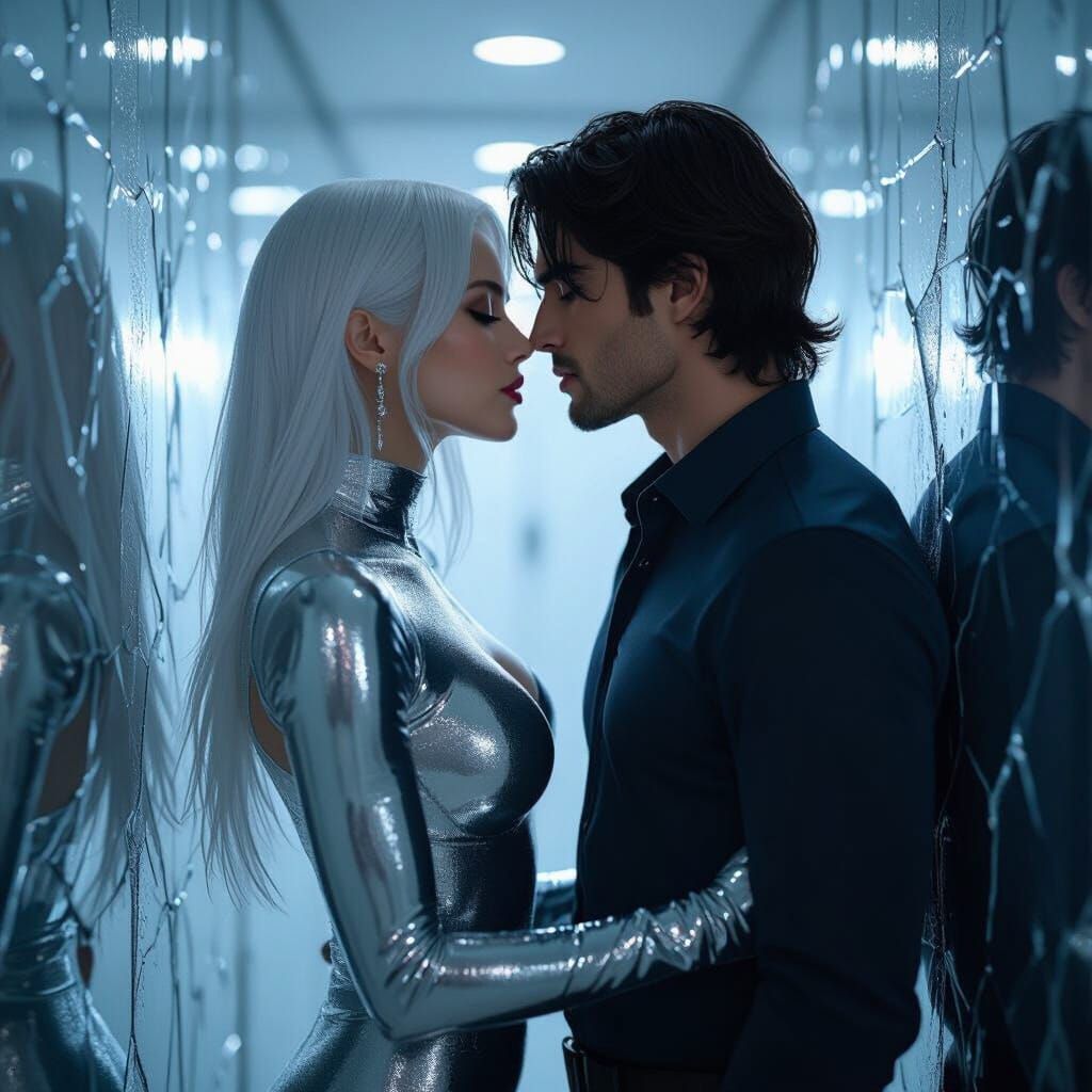 Ethereal Kiss in Mirrored Hallway: Anime-Inspired Art