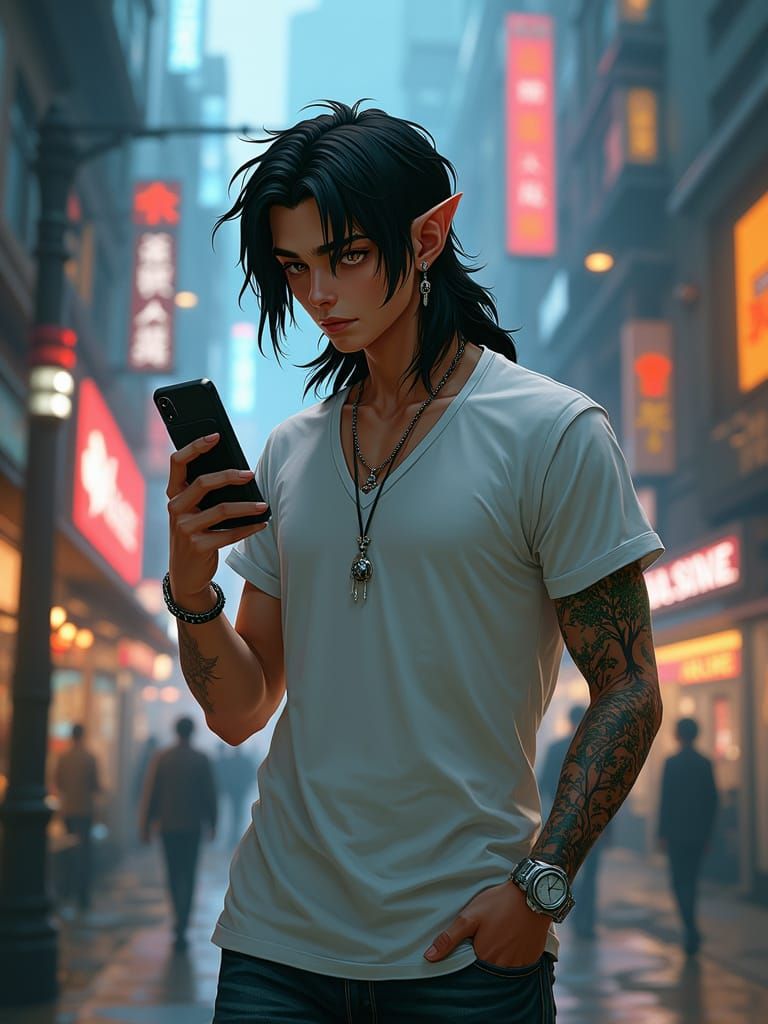 Cyberpunk Elf in Neon City with Paranormal Tattoo