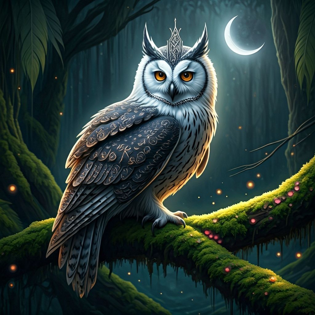 Majestic Owl Perched in Moonlit Rune Forest