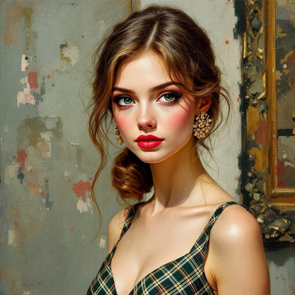 Elegant Woman in Plaid at the Art Museum