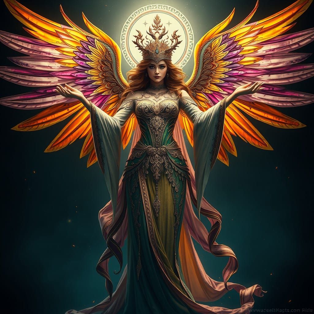 Regal Goddess with Wings in Art Nouveau Style