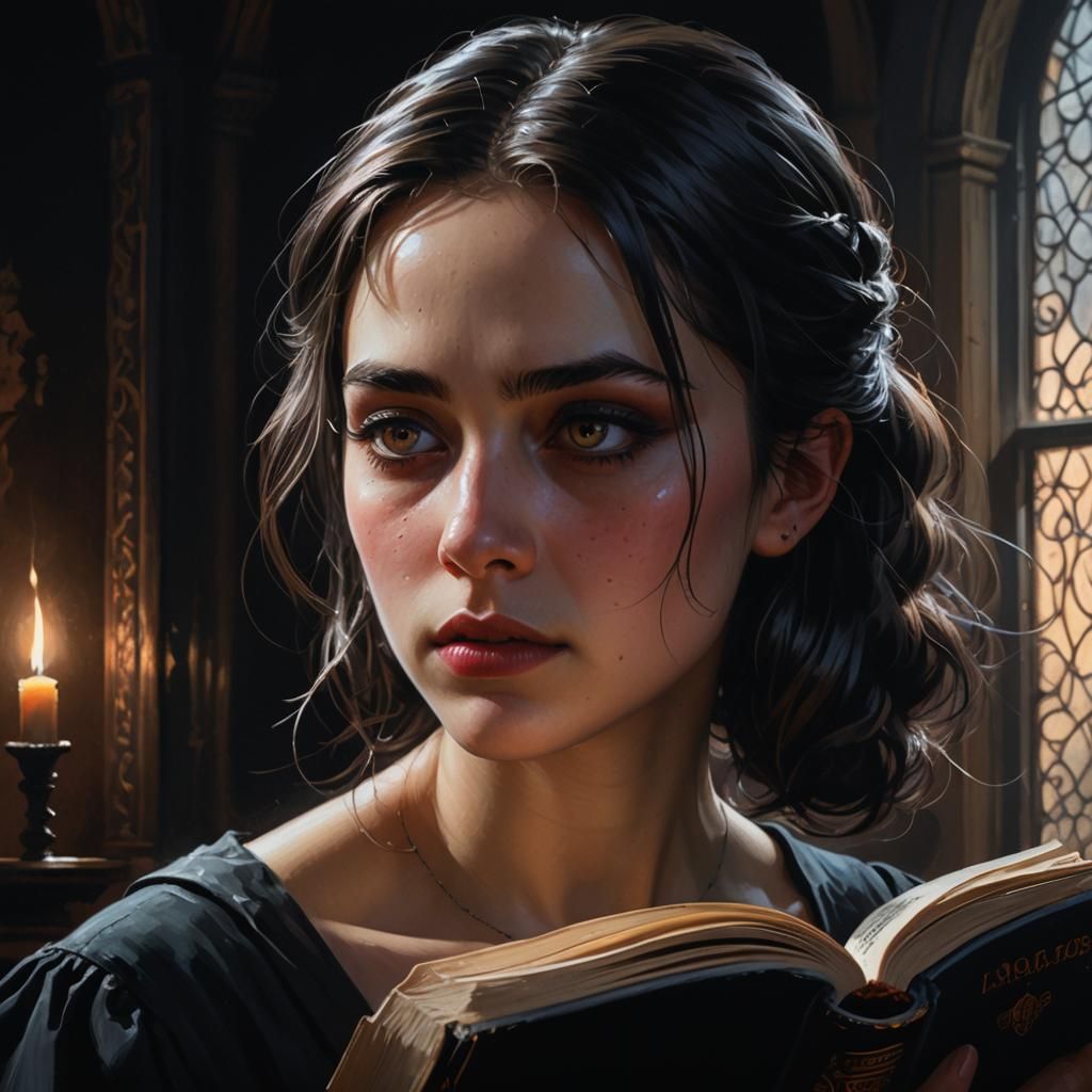 Gothic Woman Reading: Hyperrealistic Digital Painting