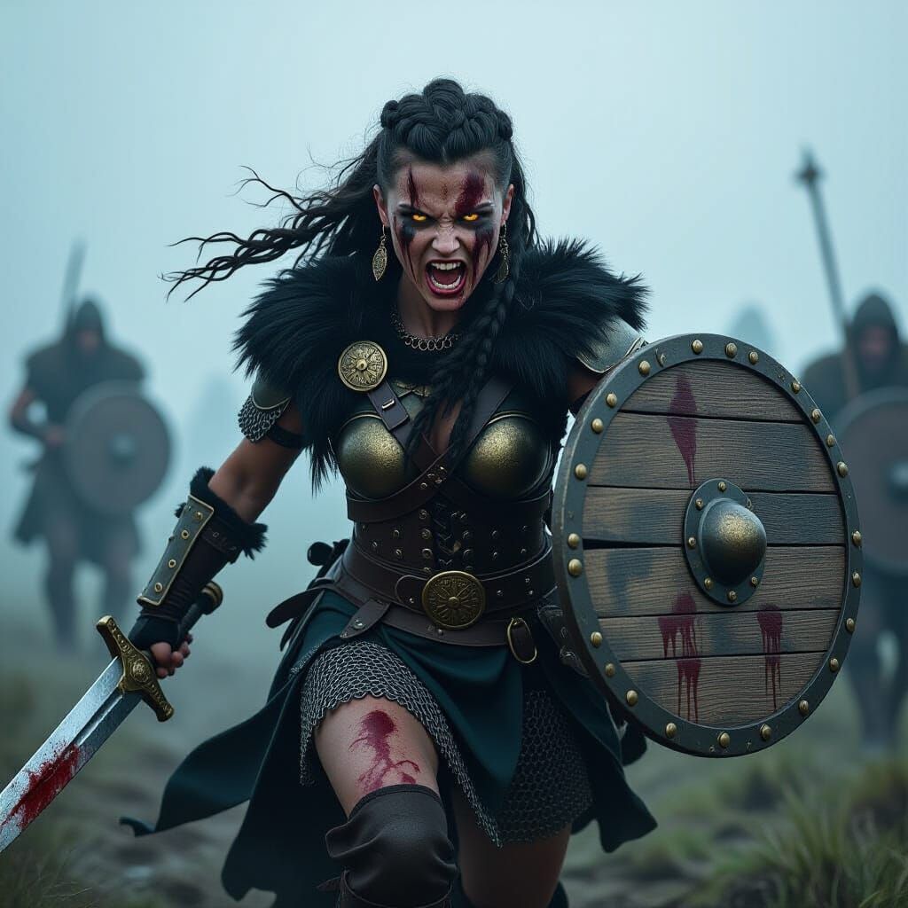 Furious Viking Woman Charging Through Fog With Longsword