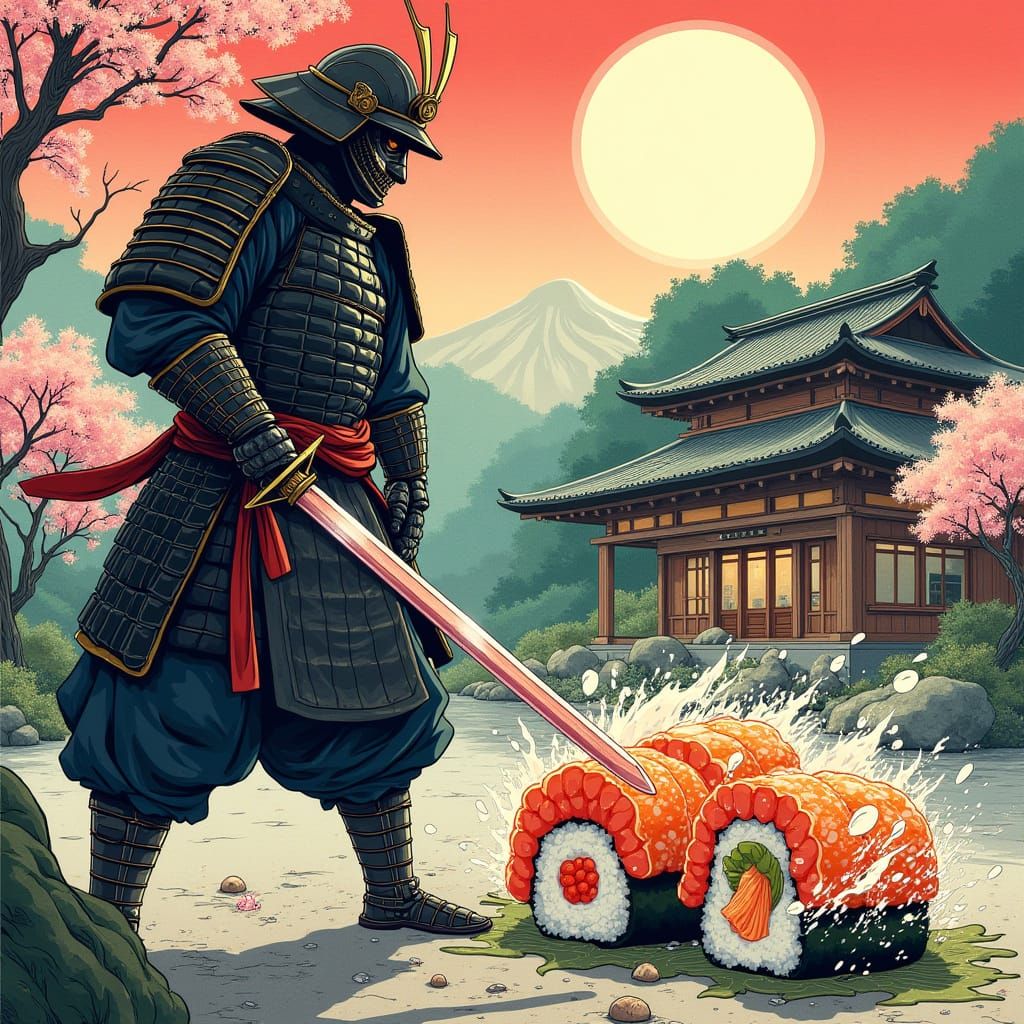 Samurai Warrior Slices Sushi with Mighty Katana Slash