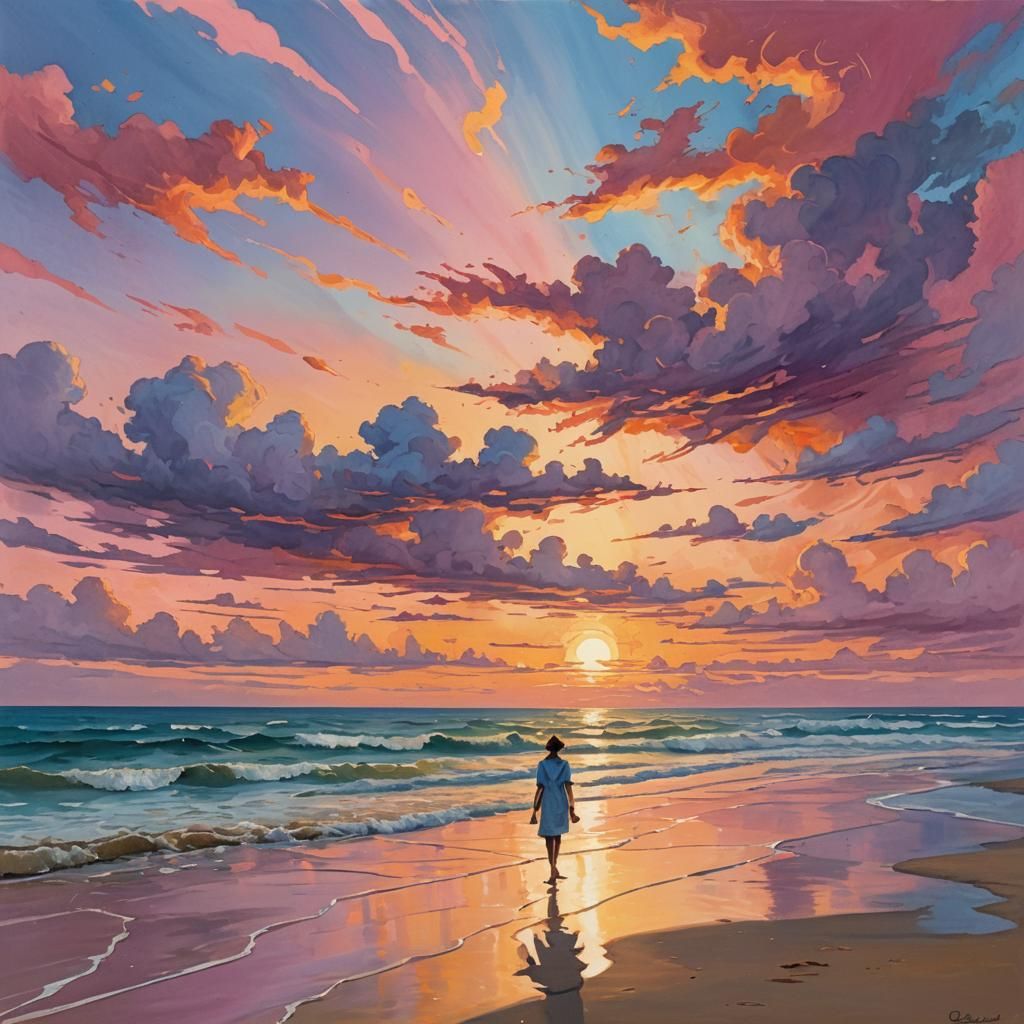 Dreamlike Sunset Beach Gouache Painting