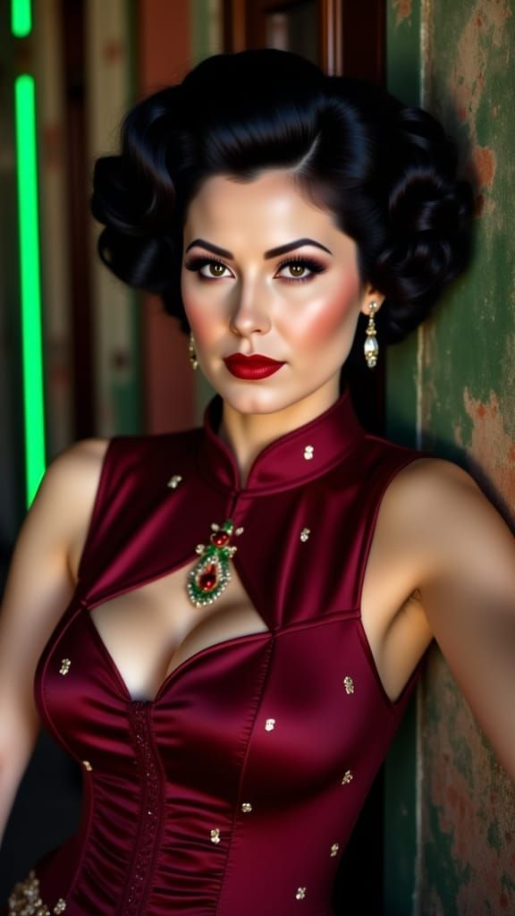 Gothic Portrait of a Woman in a Maroon Cheongsam