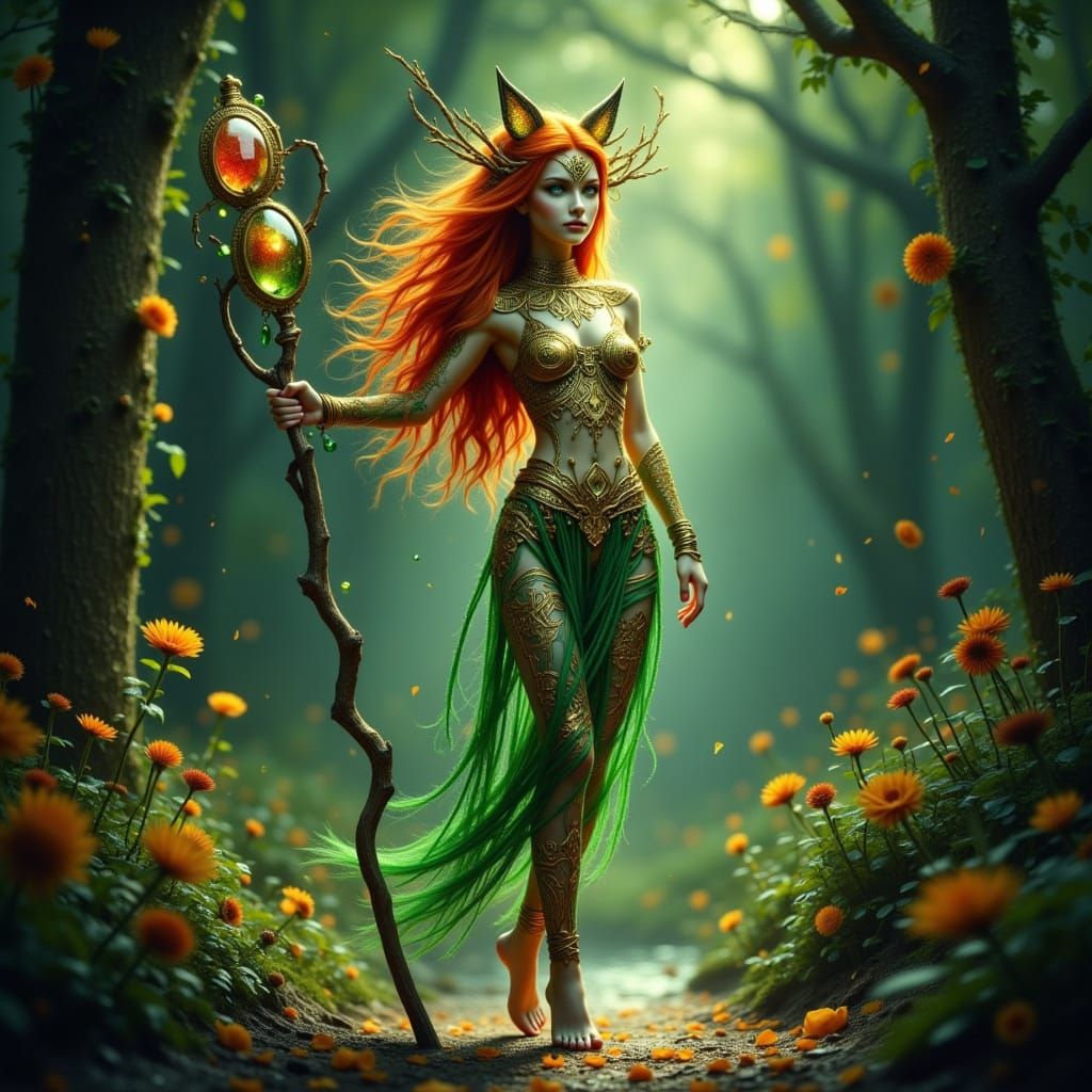 Enchanted Druid with Sunstone Staff in Forest Grove