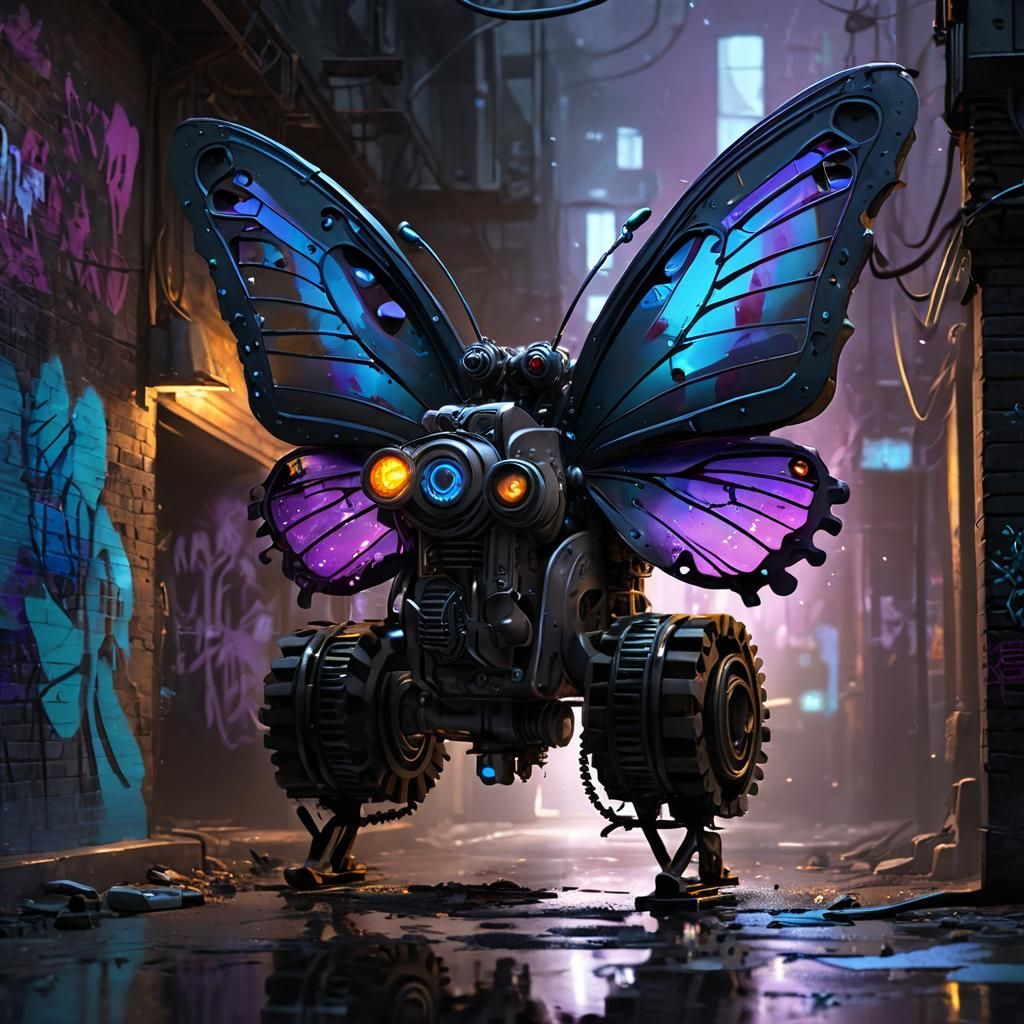 Mechanical Butterfly Graffiti Artist in Cyberpunk Alleyway