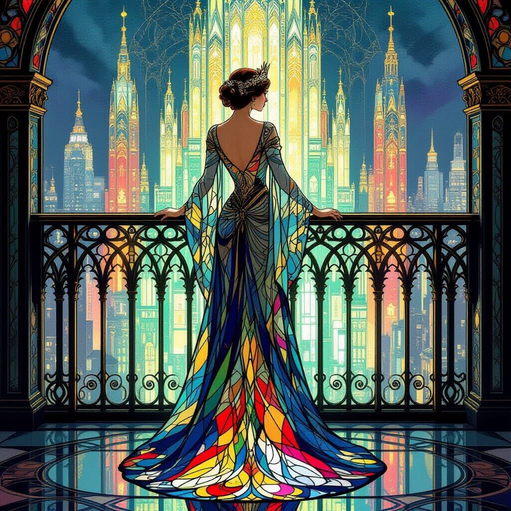 Regal Queen on Crystalline Balcony Overlooking Glass City