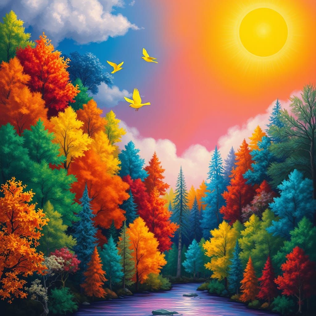 Vibrant Forest in Whimsical Rainbow Hues