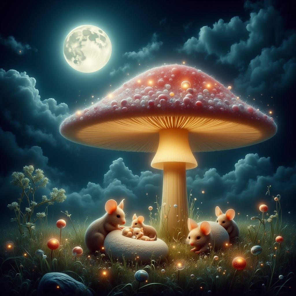 Enchanted Mushroom Village: Mice Sleep Under Moonlight