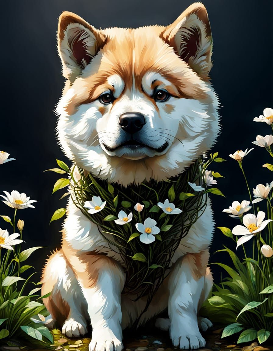 Whimsical Baby Akita in Vibrant Floral Attire