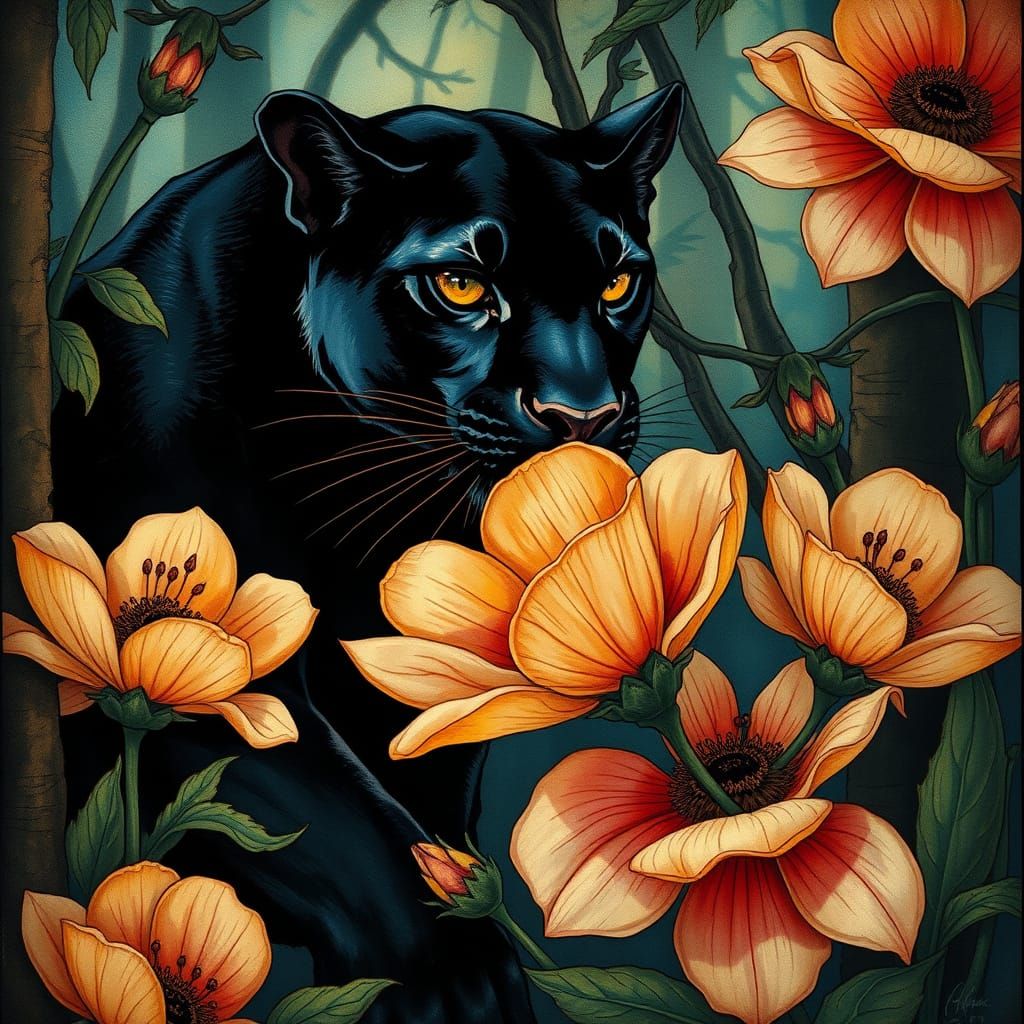 Mythological Black Panther in Enchanted Art Nouveau Garden