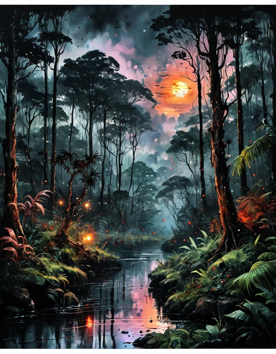 Rainforest Landscape with Blood Moon and Sunset