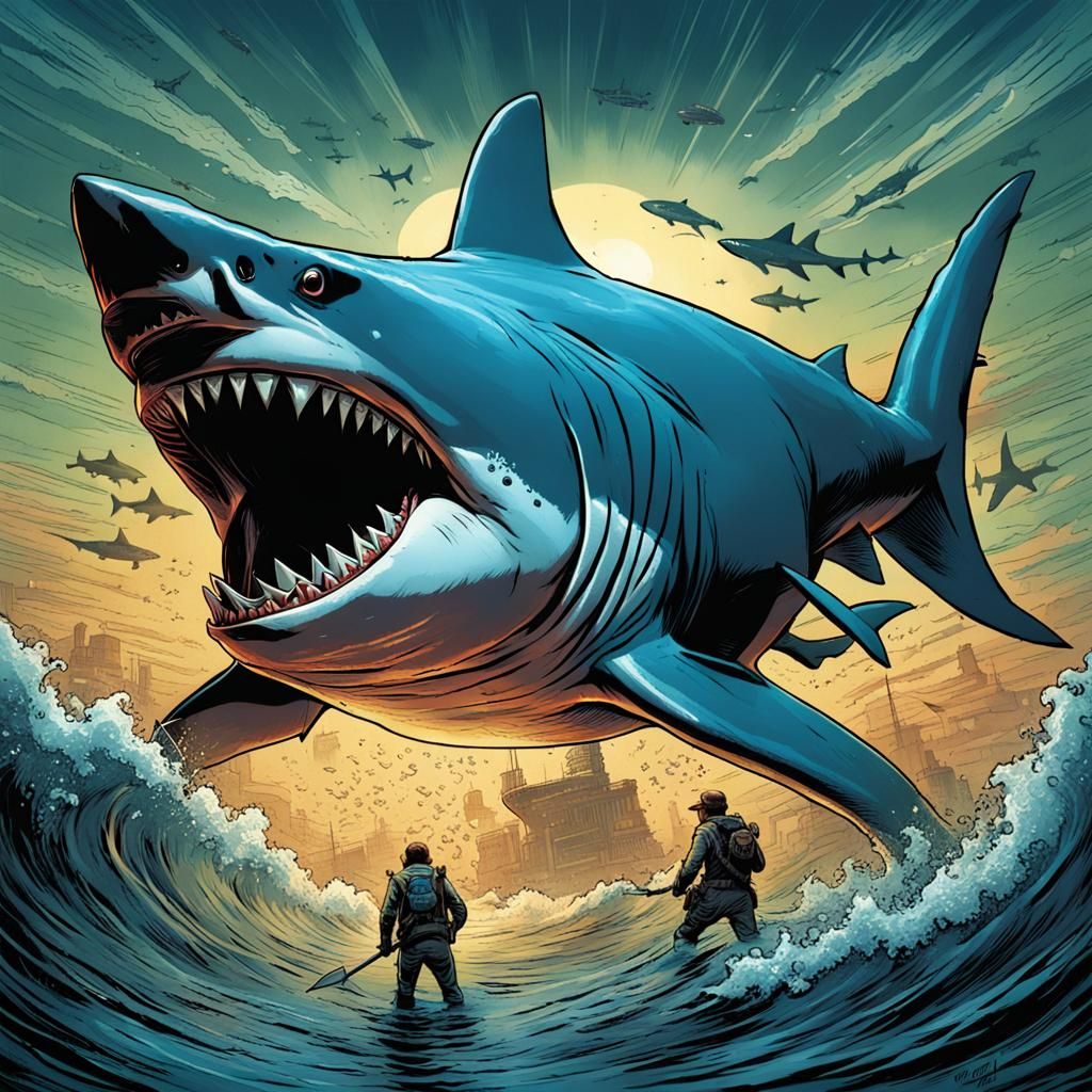 Giant Shark Comic Book Art by Brooks and Mumford