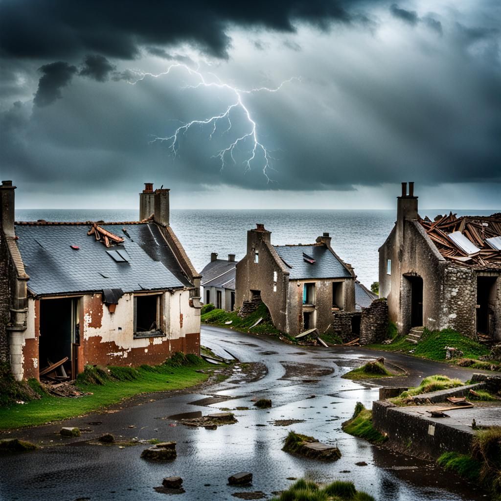 Derelict Village in Brittany Aftermath with Stormy Weather