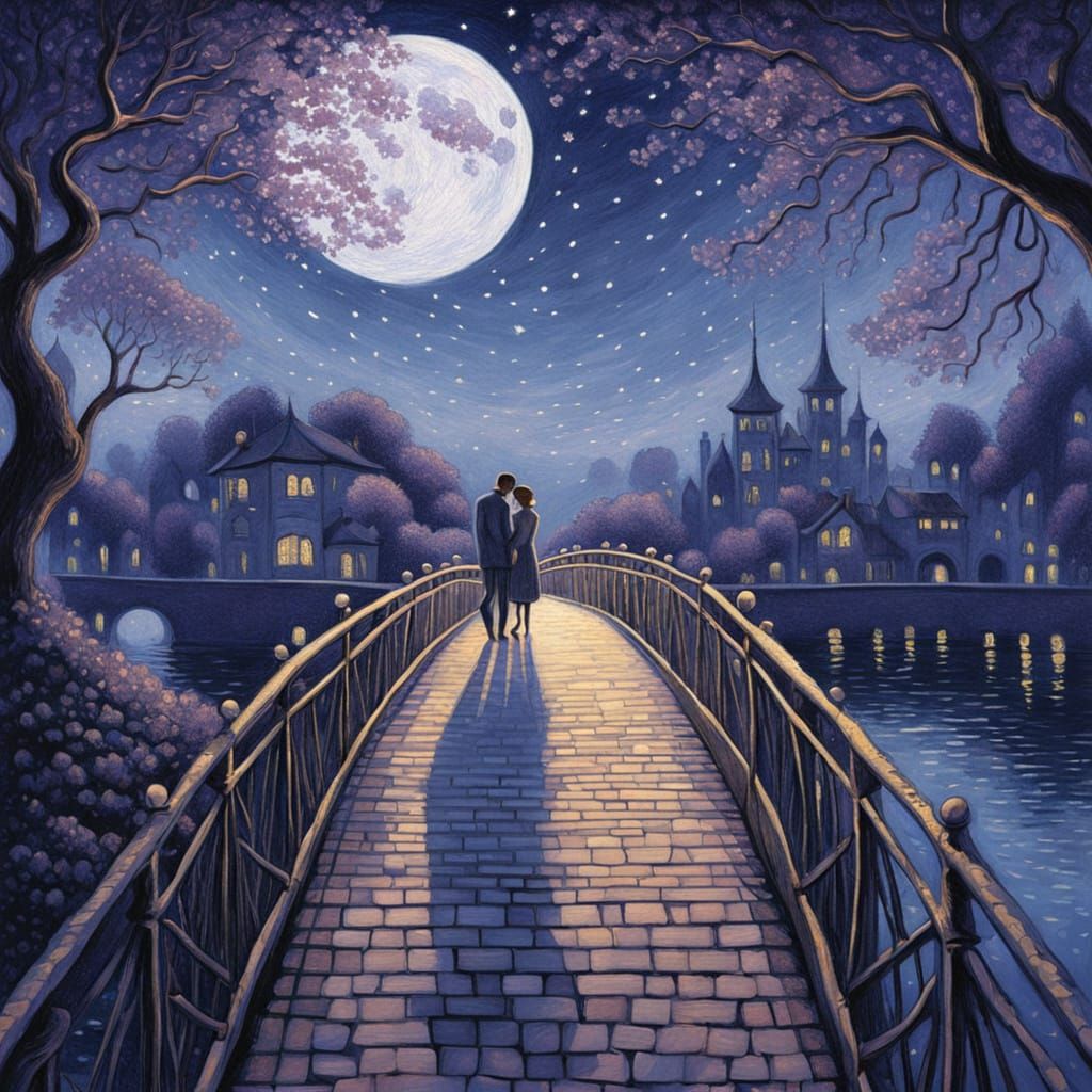 Whimsical Pointillist Couple Under Crescent Moon