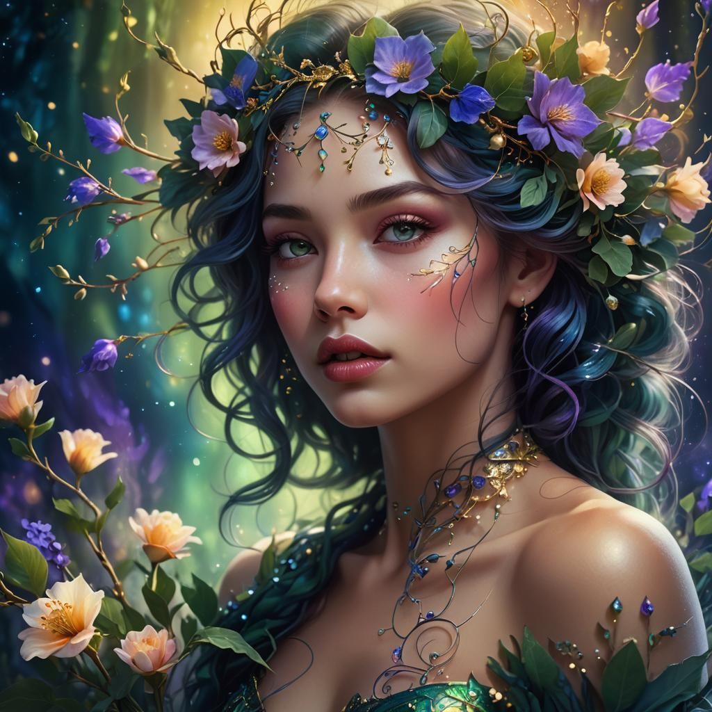 Ethereal Woman Portrait with Glowing Flowers and Aurora Skin