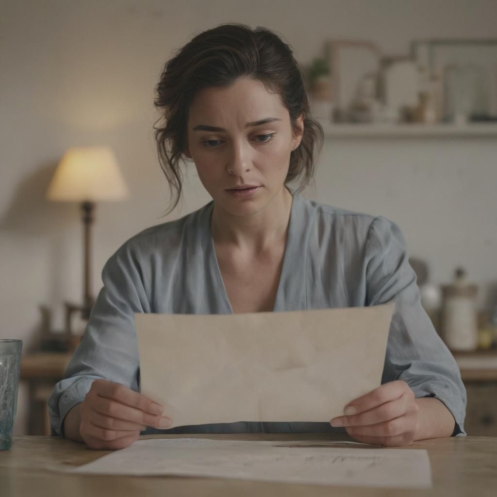 Worried Woman with Letter in Cinematic Still