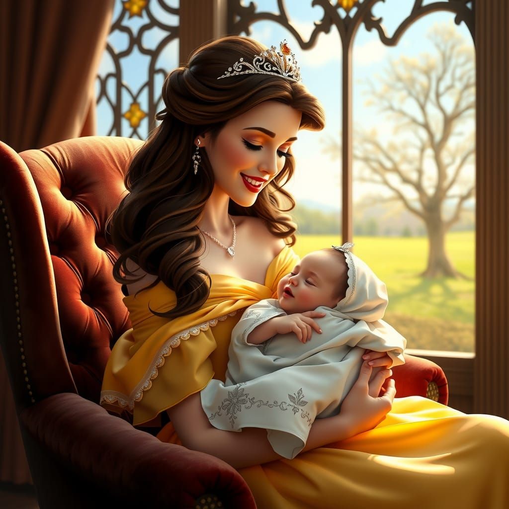 Belle with Baby in Spring Portrait, Art Nouveau Style