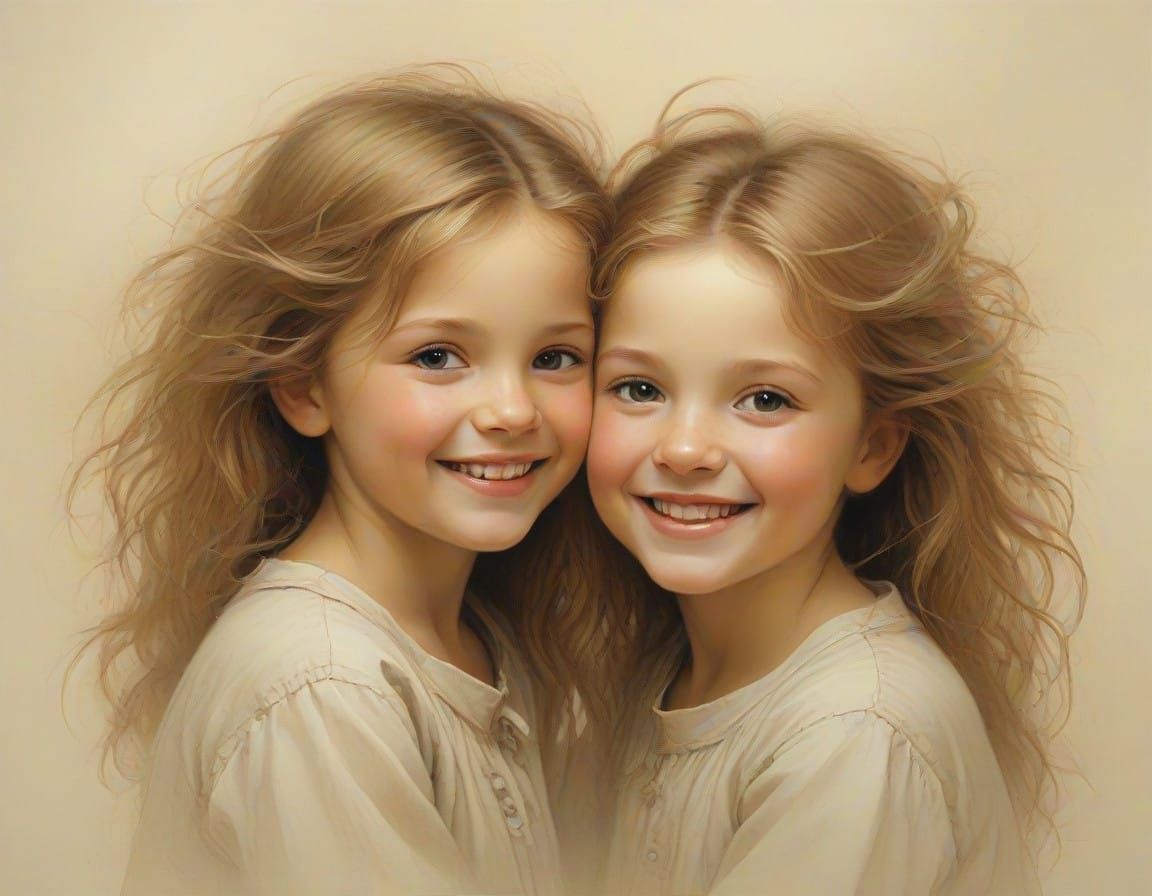 Siblings Share Joyful Moment in Whimsical Watercolor Style