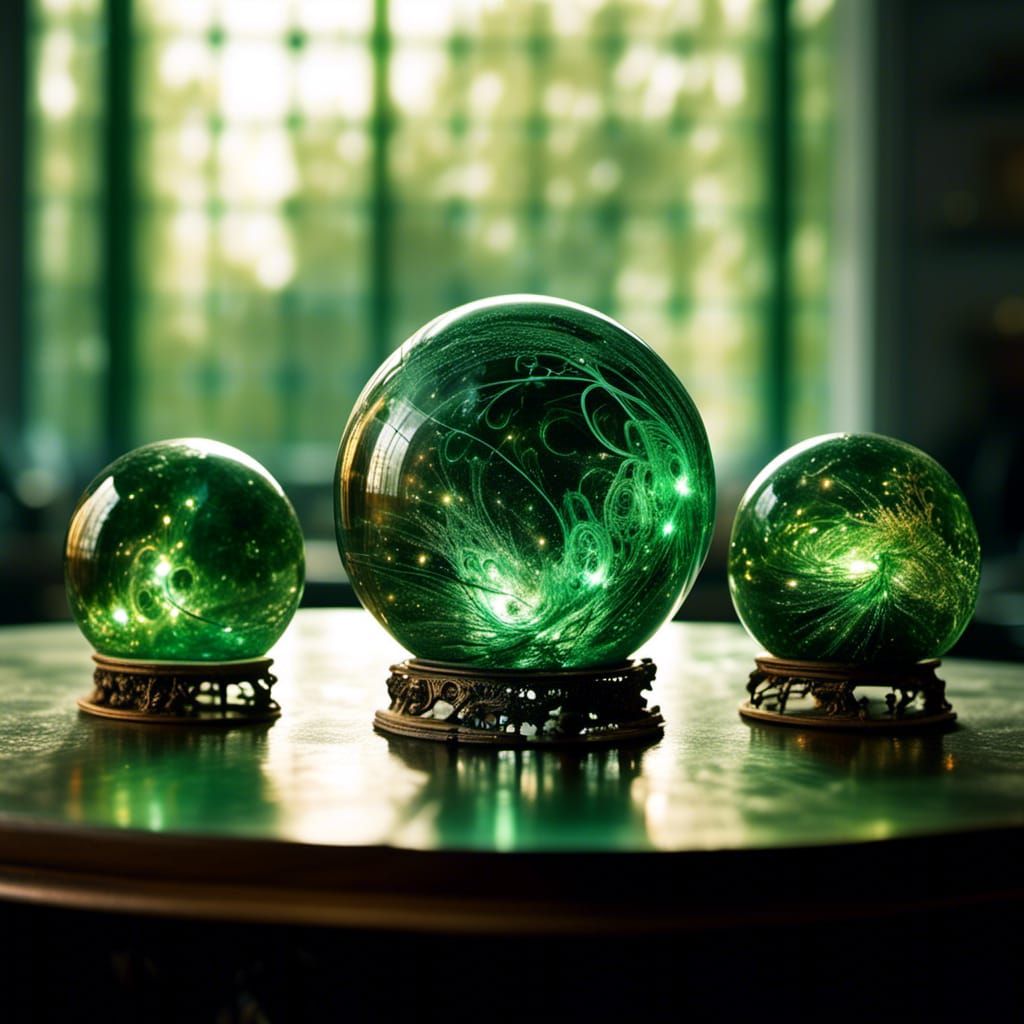 Glowing Green Glass Globes with Swirling Universes