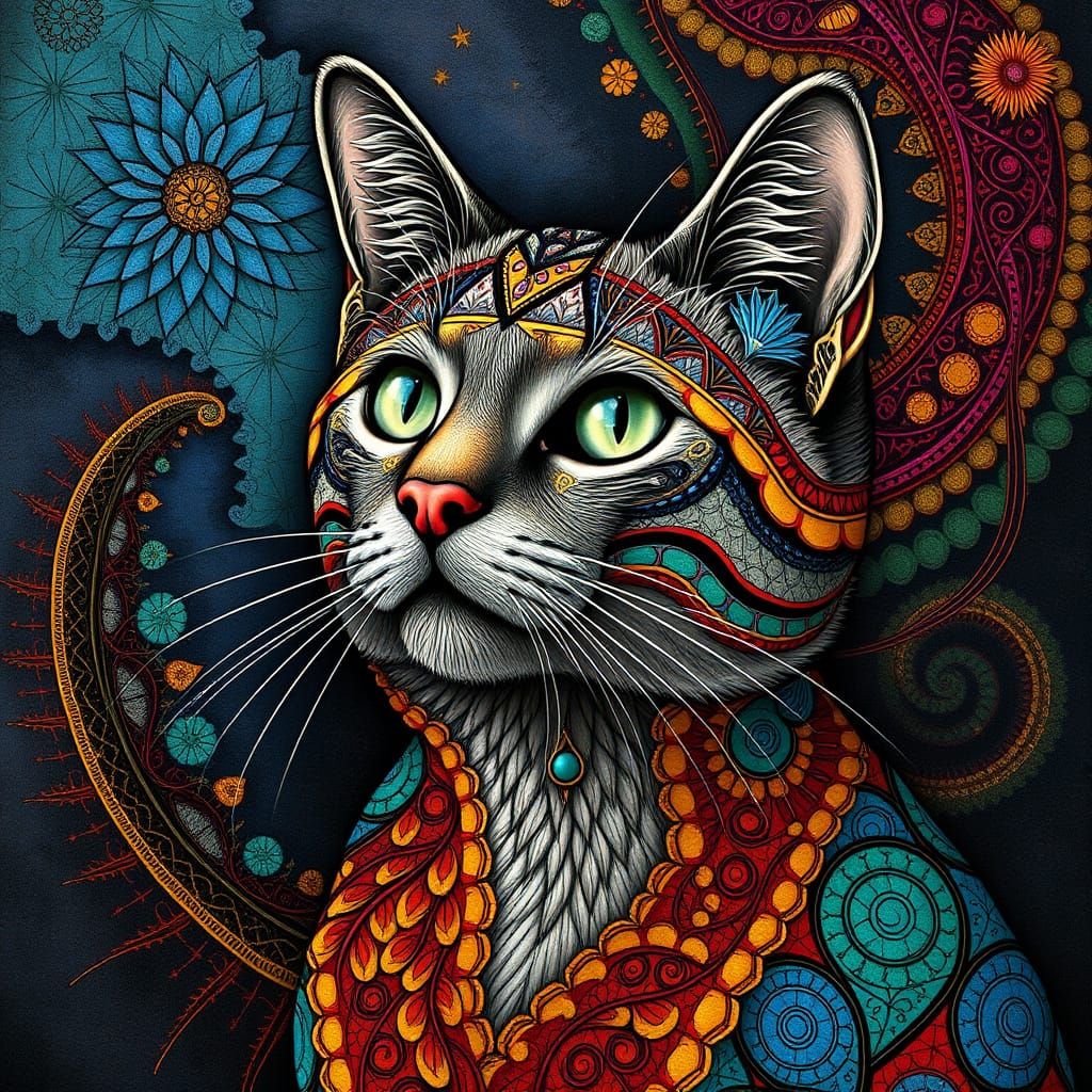 Vibrant Feline Masterpiece in Illuminated Filigree Style