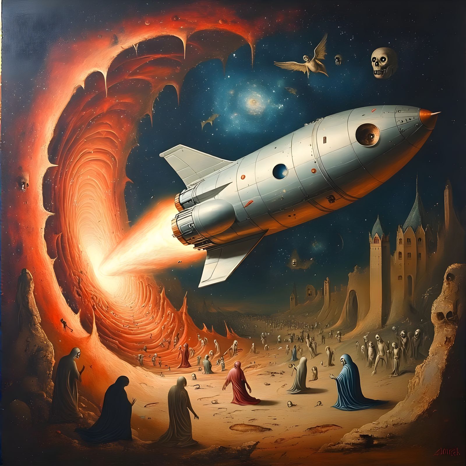 Cyberpunk Spaceship Erupts through Hieronymus Bosch-Inspired...