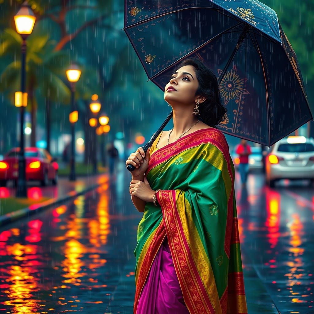 Woman in Saree Walking in Summer Rain