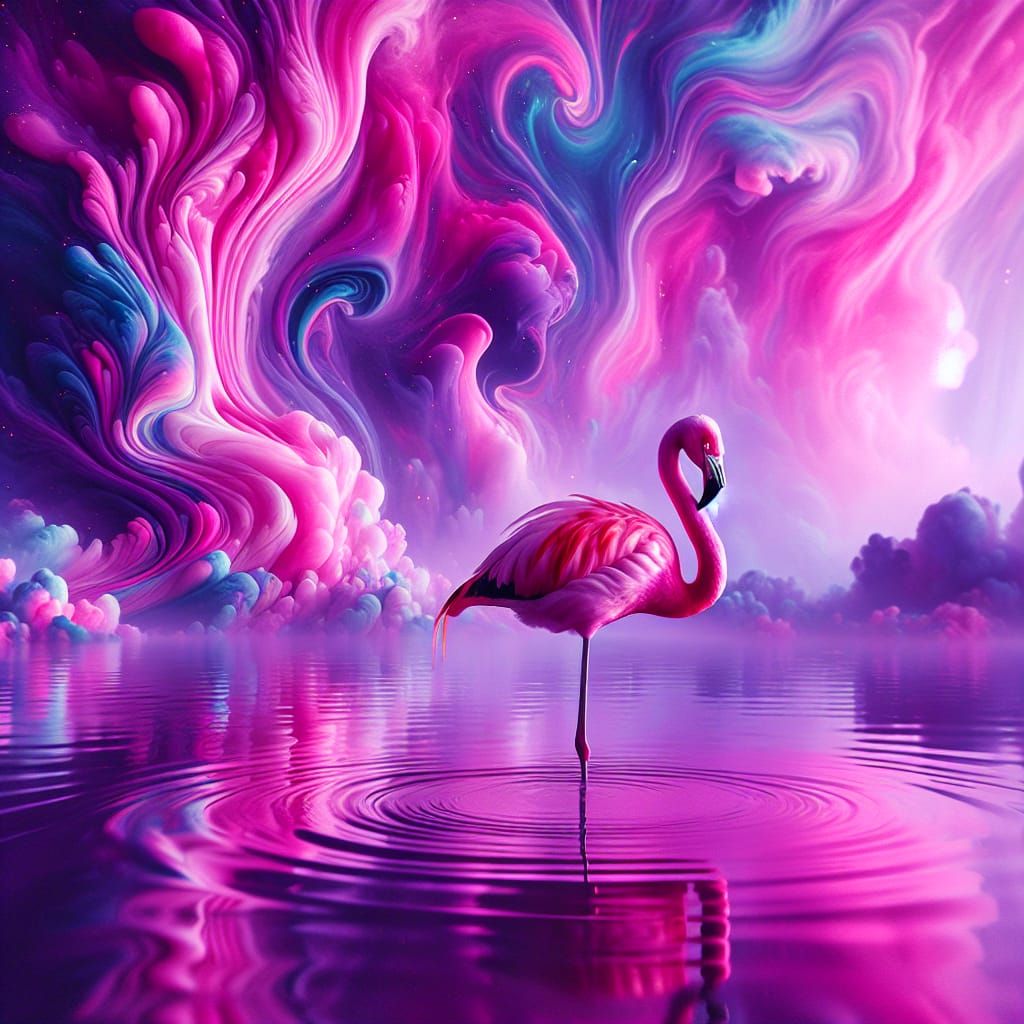Flamingo in Mystical Purple and Pink Lake