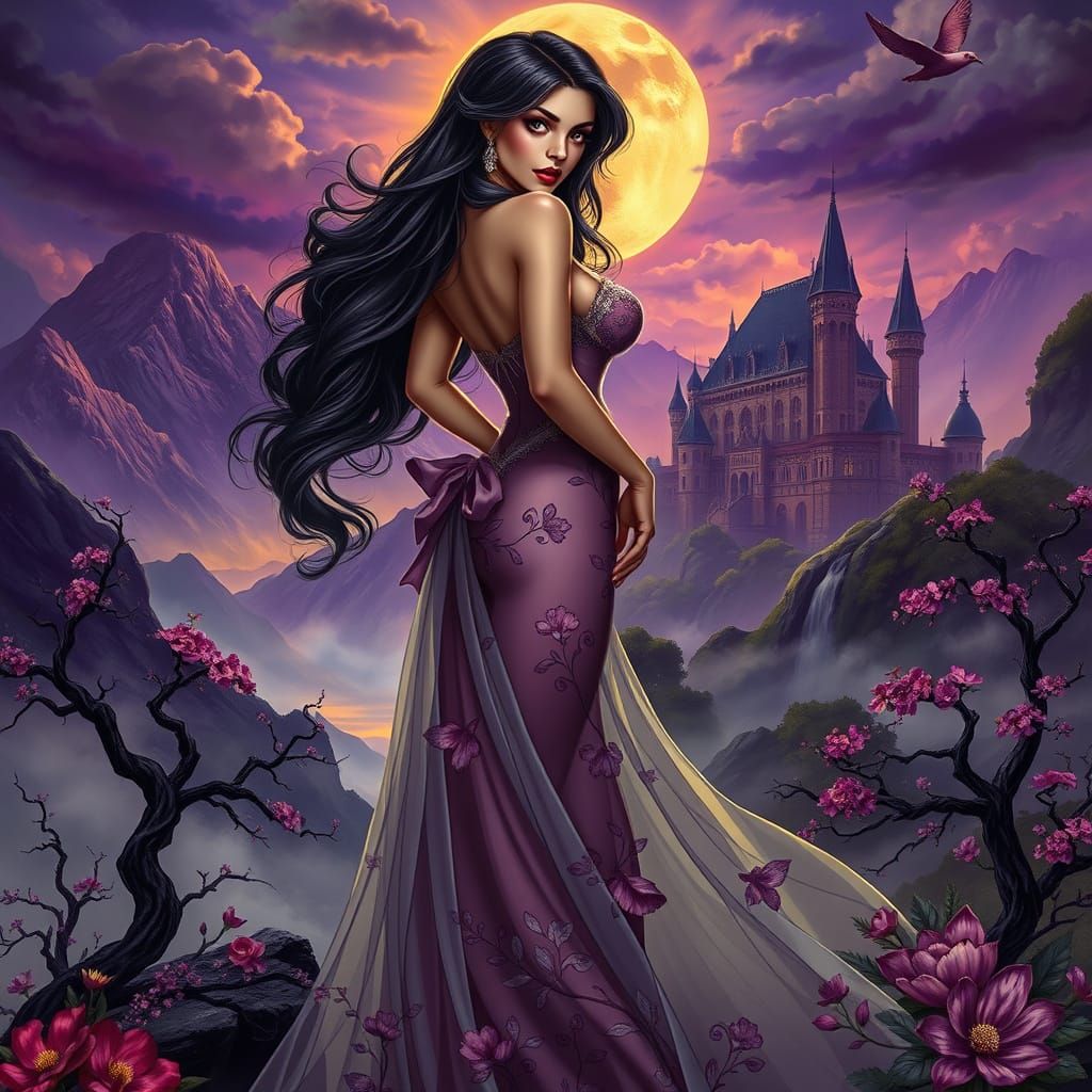 Ethereal Pinup Goddess in Dreamy Landscape