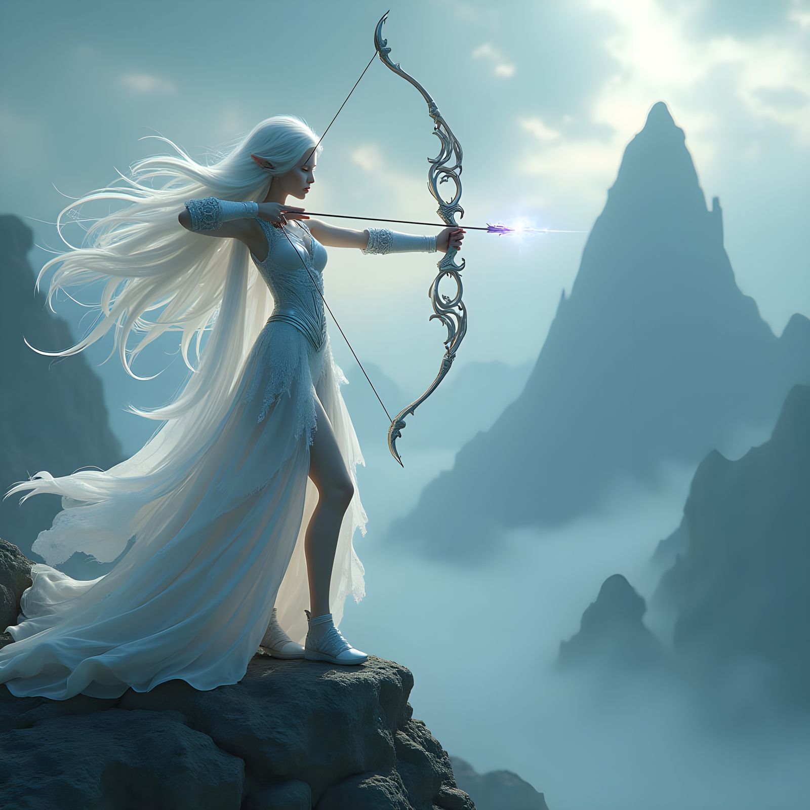 Ethereal Elf Maiden in Enchanted Forest with Sunbeams and Ma...