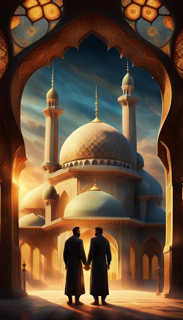 Mosque Brotherhood: Golden Hour Spiritual Art