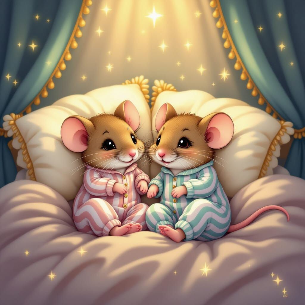 Mice in Velvet Bed with Flowing Lashes