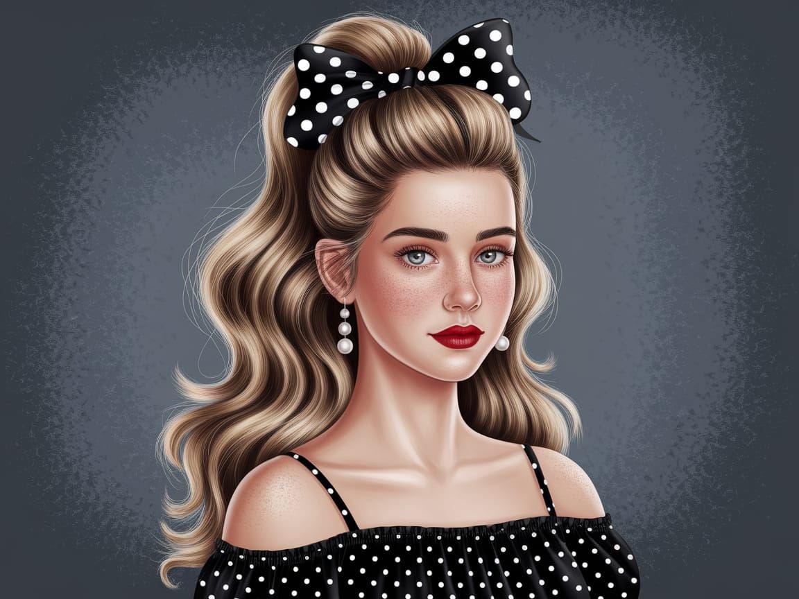Detailed Portrait of Blonde Woman with Polka Dot Bow