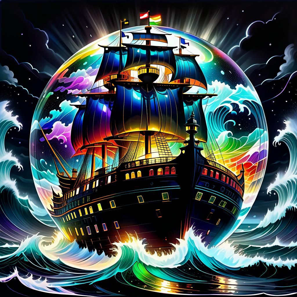 Utopian Ship in Crystal Sphere, Impasto Gouache Painting