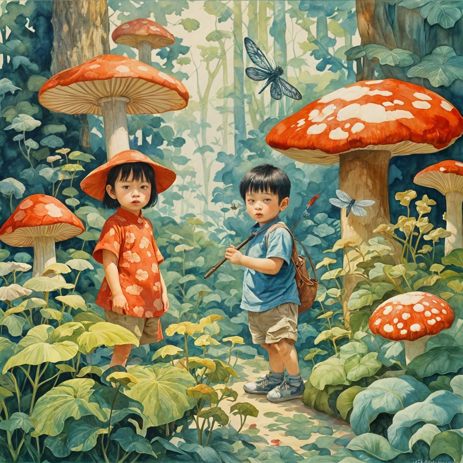 Children in Giant Garden, James Jean Gouache Style