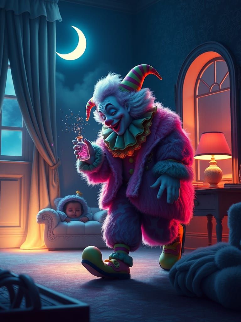 Candy-Colored Clown Sandman in Dreamlike Atmosphere