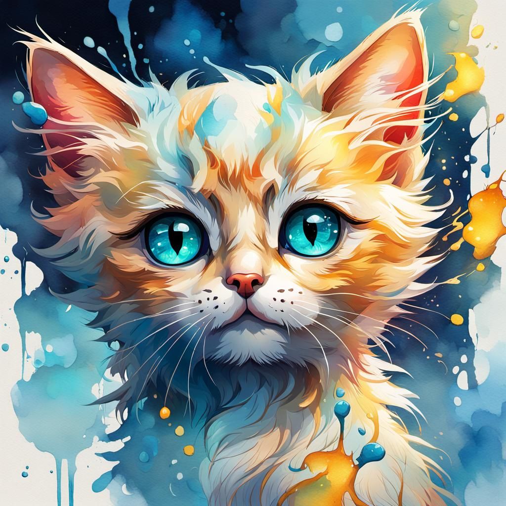 Curious Kitten Portrait in Watercolor Style